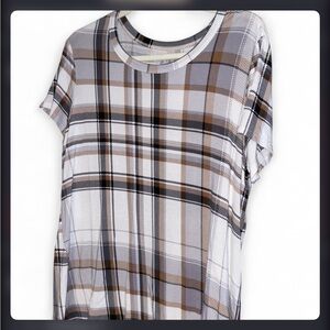 Maurices Plaid Short-Sleeve Top in White, Brown and Black - Soft Fall Office